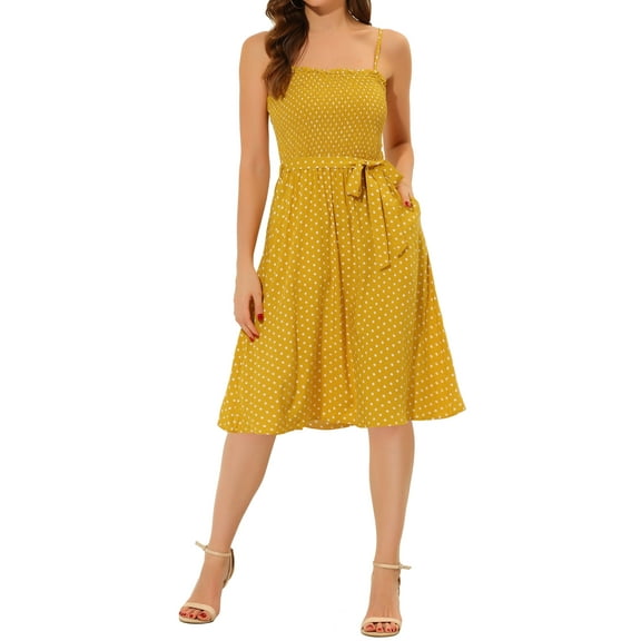 INSPIRE CHIC Women's Polka Dot Tie Waist Smocked Spaghetti Strap Dress M Yellow