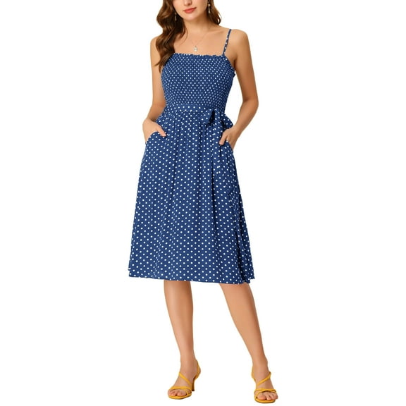 INSPIRE CHIC Women's Polka Dot Tie Waist Smocked Spaghetti Strap Dress XL Blue