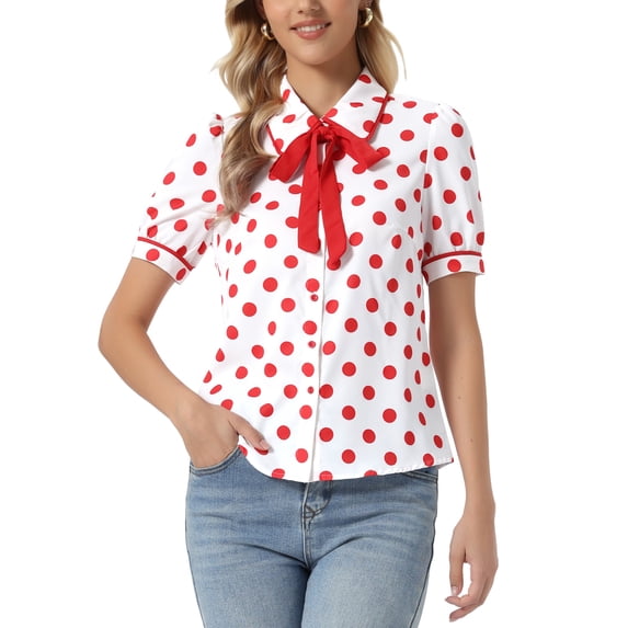 INSPIRE CHIC Women's Polka Dots Blouse Peter Pan Collar Bow Tie Neck Puff Sleeve Vintage Shirt Top M White Red