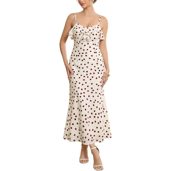 INSPIRE CHIC Women's Polka Dots Dress Cocktail Dating Vintage Ruffles Front Spaghetti Strap Maxi Dresses S Light Brown