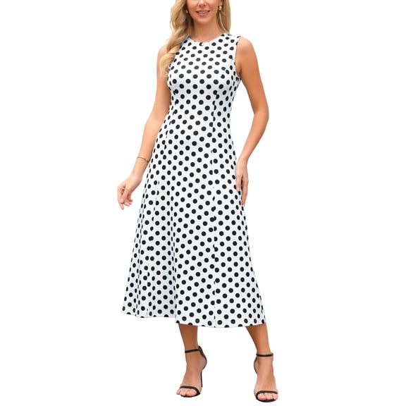 INSPIRE CHIC Women's Polka Dots Dress Summer Tank Sleeveless Sundress Vintage Crewneck Elegant Long Dresses L White