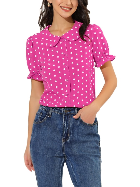 Women's Polka Dots Shirt Short Puff Sleeve Button Up Peter Pan Collar Blouse Tops XL Hot Pink