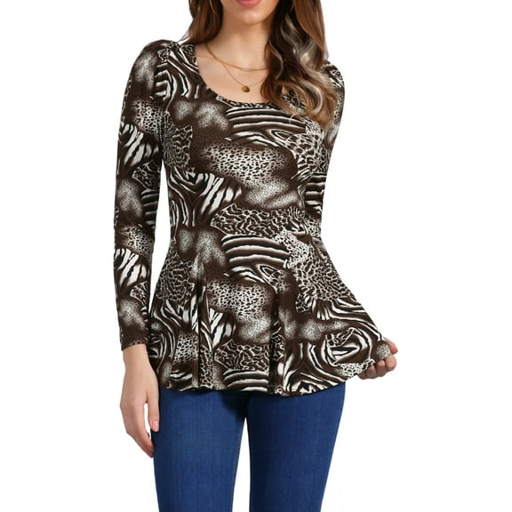 INSPIRE CHIC Women's Tops Printed Scoop Neck Long Sleeves Peplum Blouse S Coffee-Animal