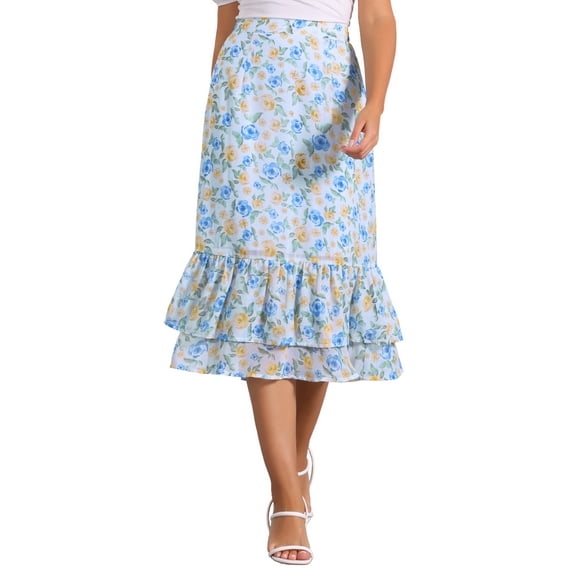 INSPIRE CHIC Valentine's Day Women's Chiffon Skirts Elastic Waist Ruffle Tiered Floral Flowy Midi Skirts M Blue Beige-Floral