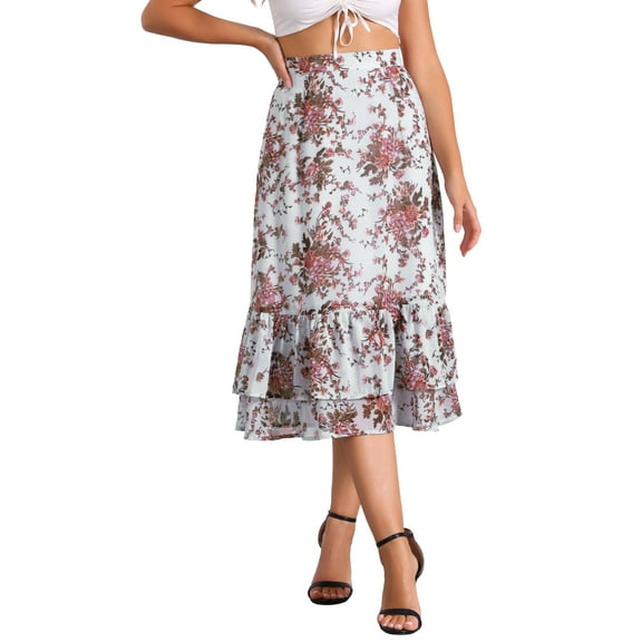 INSPIRE CHIC Valentine's Day Women's Chiffon Skirts Elastic Waist Ruffle Tiered Floral Flowy Midi Skirts M Grey-Floral
