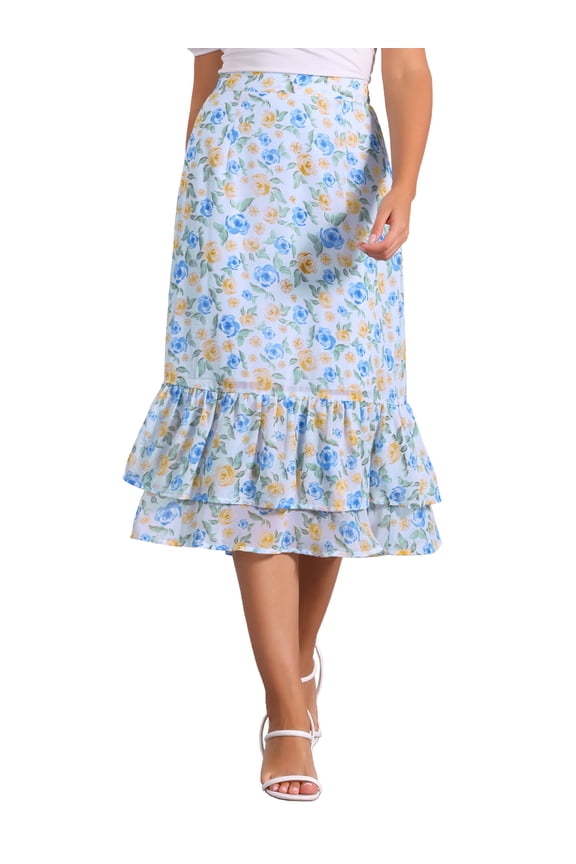 Women's Chiffon Skirts Elastic Waist Ruffle Tiered Floral Flowy Midi Skirts XS Blue Beige-Floral