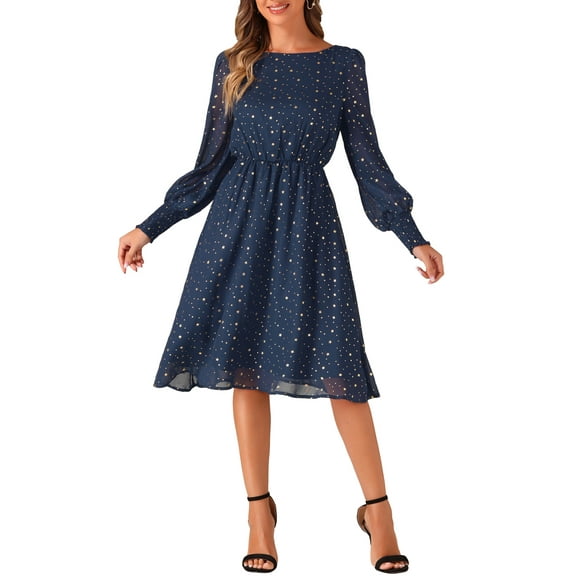 INSPIRE CHIC Women's Puff Long Sleeve Elastic Waist Glitter Stars Boat Neck Mesh Casual Dress M Dark Blue