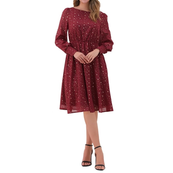 INSPIRE CHIC Women's Puff Long Sleeve Elastic Waist Glitter Stars Boat Neck Mesh Casual Dress S Red