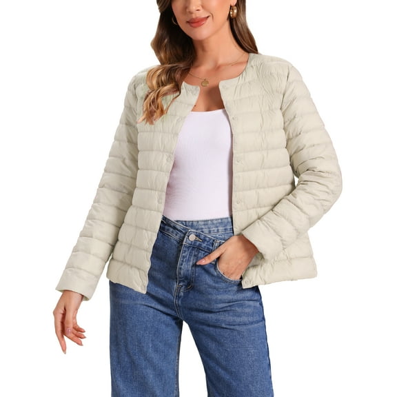 INSPIRE CHIC Women's Puffer Jacket Lightweight Button Down Packable Long Sleeve Coat L Beige