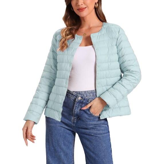 INSPIRE CHIC Women's Puffer Jacket Lightweight Button Down Packable Long Sleeve Coat S Light Blue