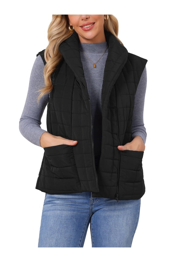 Women's Puffer Vest Zip Up Puffy Jackets Lapel Cap Sleeve Lightweight Gilet Quilted Vests Warm Coat M Black