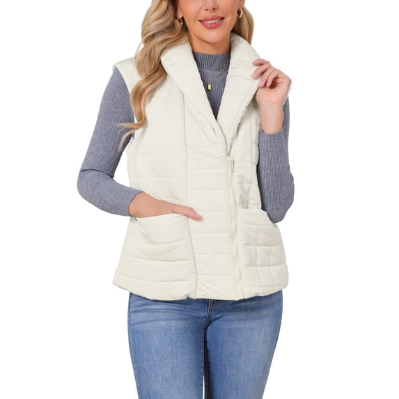 INSPIRE CHIC Women's Puffer Vest Zip Up Puffy Jackets Lapel Cap Sleeve Lightweight Gilet Quilted Vests Warm Coat S Beige