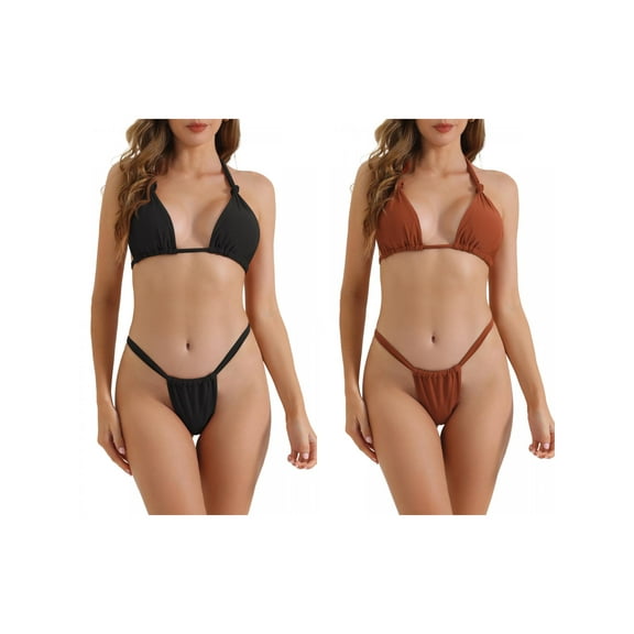 Women's Push Up Halter Bikini Sets, 2 Piece Double Tie Back Triangle Bottoms Swimwear Bathing Suits 2 Sets Large Black, Coffee