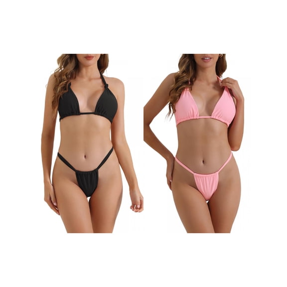 Women's Push Up Halter Bikini Sets, 2 Piece Double Tie Back Triangle Bottoms Swimwear Bathing Suits 2 Sets X-Large Black, Pink
