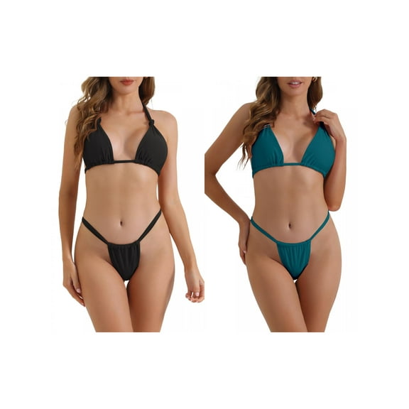 Women's Push Up Halter Bikini Sets, 2 Piece Double Tie Back Triangle Bottoms Swimwear Bathing Suits 2 Sets X-Large Black, Teal