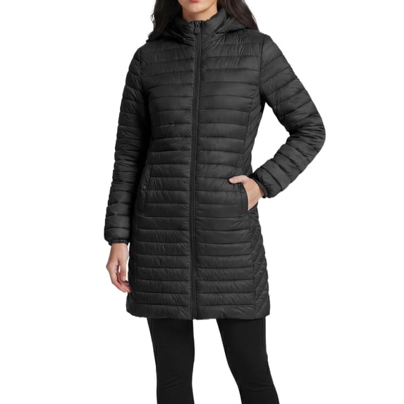 INSPIRE CHIC Women's Quilted Puffer Coat with Detachable Hood Mid Length Slim Fit Medium Black