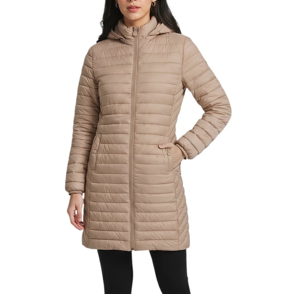 INSPIRE CHIC Women's Quilted Puffer Coat with Detachable Hood Mid Length Slim Fit Small Beige