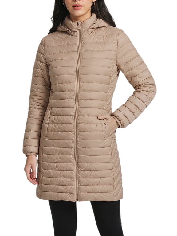 Women's Quilted Puffer Coat with Detachable Hood Mid Length Slim Fit Small Beige