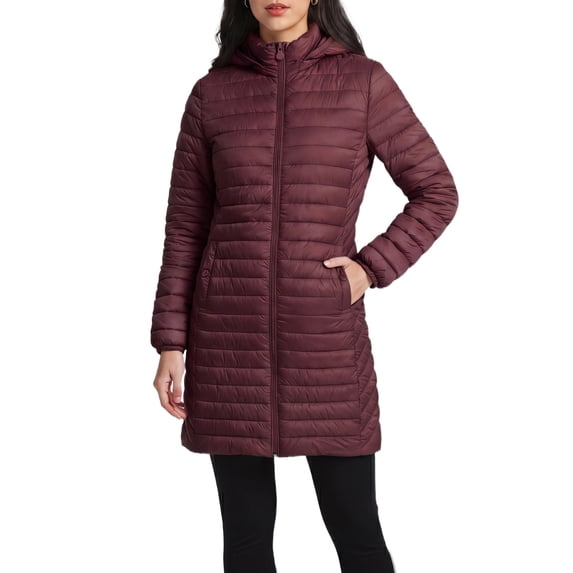 INSPIRE CHIC Women's Quilted Puffer Coat with Detachable Hood Mid Length Slim Fit XX Large Burgundy
