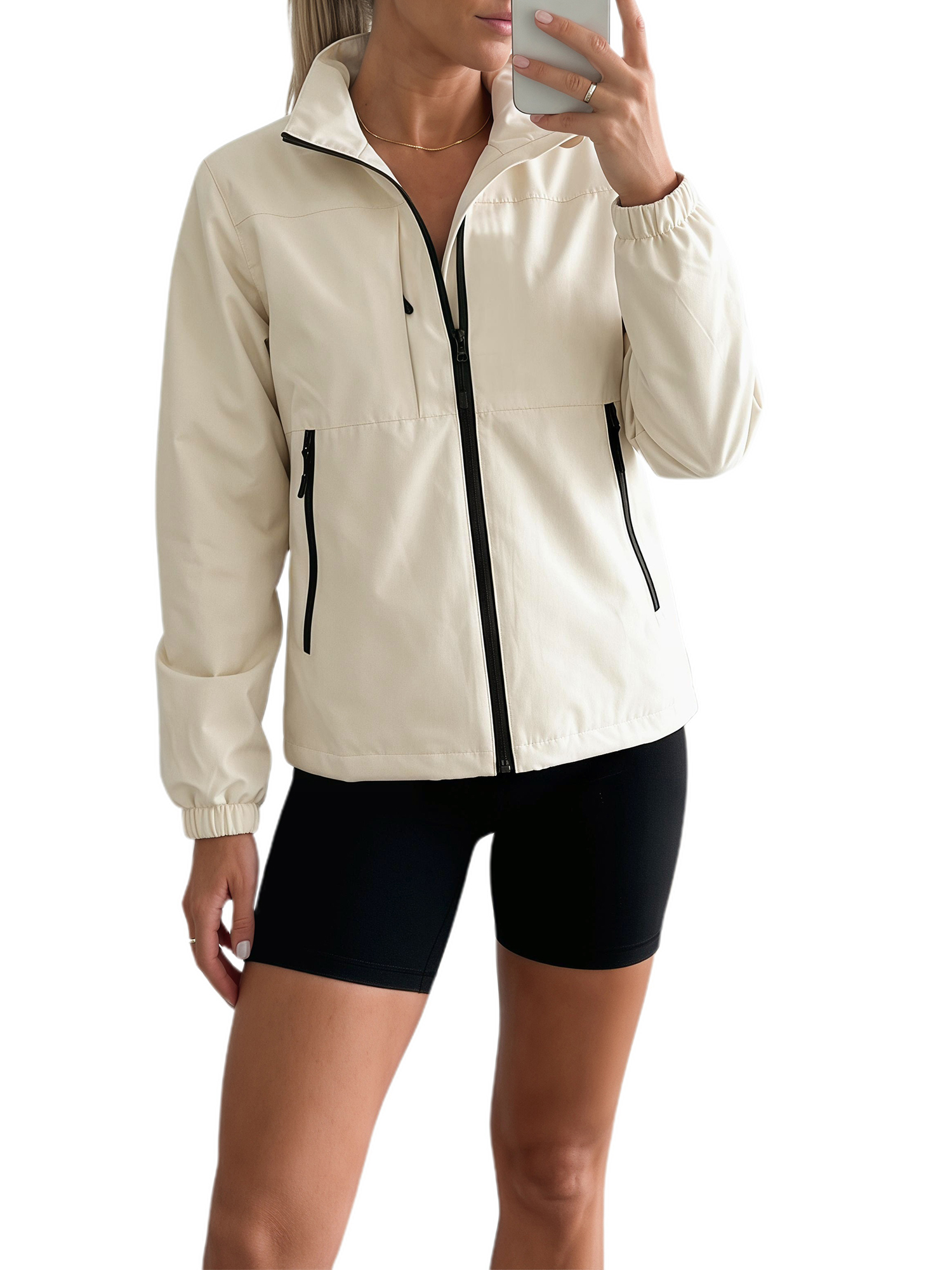 INSPIRE CHIC Women's Rain Jacket Lightweight Stand Up Collar Jackets Cycling Hiking Running Outdoor Waterproof Windbreaker Raincoat L White