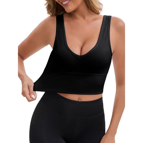 INSPIRE CHIC Women's Reversible V-Neck Athletic Tank Bra Wide Straps Stretchable Breathable Ribbed Sport Bras S Black