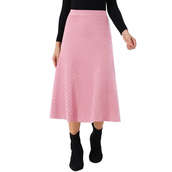 INSPIRE CHIC Women's Ribbed Knit A-Line Skirts Elastic High Waist Stretchy Sweater Midi Skirt L Pink