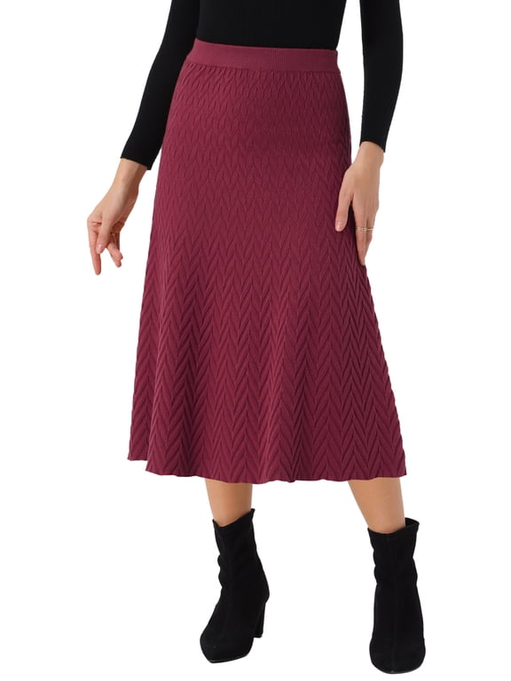 Women's Ribbed Knit A-Line Skirts Elastic High Waist Stretchy Sweater Midi Skirt M Burgundy