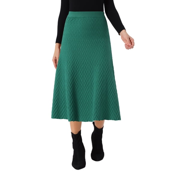 INSPIRE CHIC Women's Ribbed Knit A-Line Skirts Elastic High Waist Stretchy Sweater Midi Skirt M Dark Green