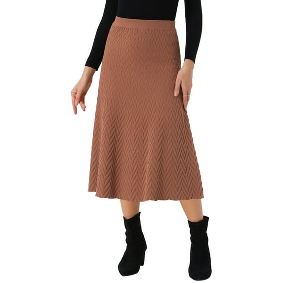 INSPIRE CHIC Women's Ribbed Knit A-Line Skirts Elastic High Waist Stretchy Sweater Midi Skirt S Caramel