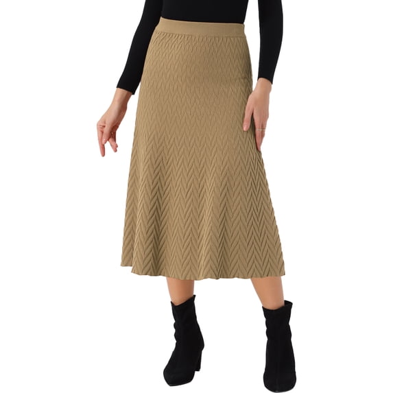 INSPIRE CHIC Women's Ribbed Knit A-Line Skirts Elastic High Waist Stretchy Sweater Midi Skirt S Dark Khaki