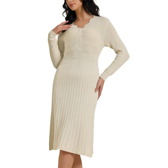 INSPIRE CHIC Women's Ribbed Knit Dress Long Sleeve V Neck Lightweight Sweater Elegant Pleated Dresses XS Beige