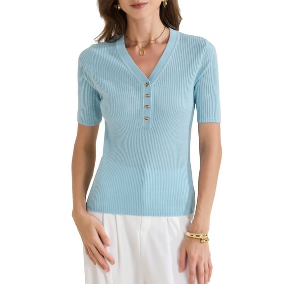 INSPIRE CHIC Women's Tops Ribbed Knit V Neck Button Henley Short Sleeve Blouse M Blue