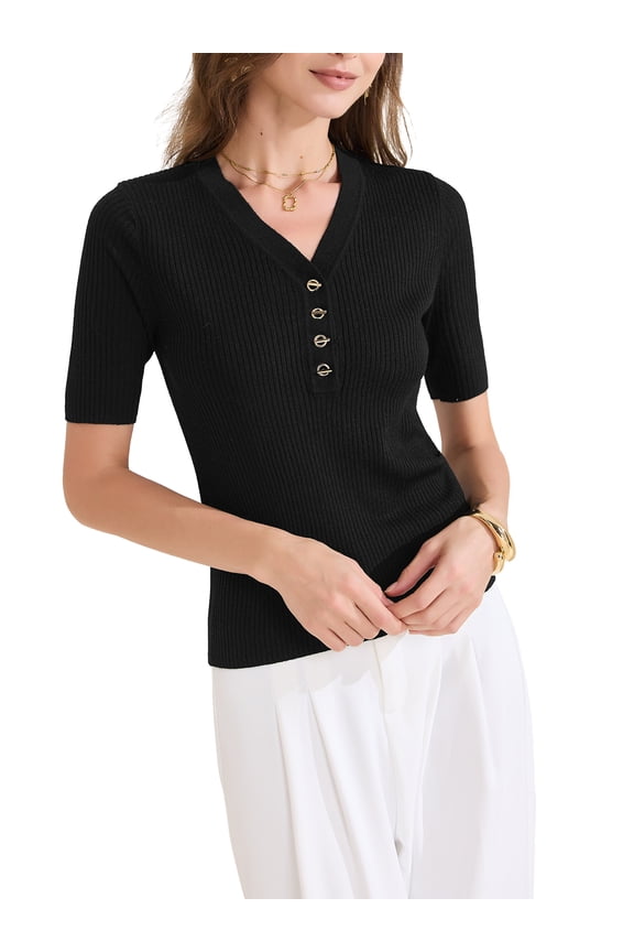 Women's Tops Ribbed Knit V Neck Button Henley Short Sleeve Blouse XS Black