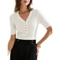 thumbnail image 1 of INSPIRE CHIC Women's Tops Ribbed Knit V Neck Button Henley Short Sleeve Blouse XS White, 1 of 6