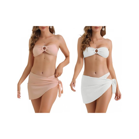 Women's Ribbed O Ring Bandeau Bikini Sets, 3 Piece Back Buckle Triangle Thong Bottom Swimwear Bathing Suits 2 Sets Small White, Pink