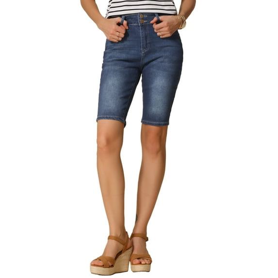 Allegra K Women's Roll Cuff Short Pockets Causal Jean XS Blue