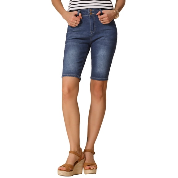 Allegra K Women's Roll Cuff Short Pockets Causal Jean XS Blue