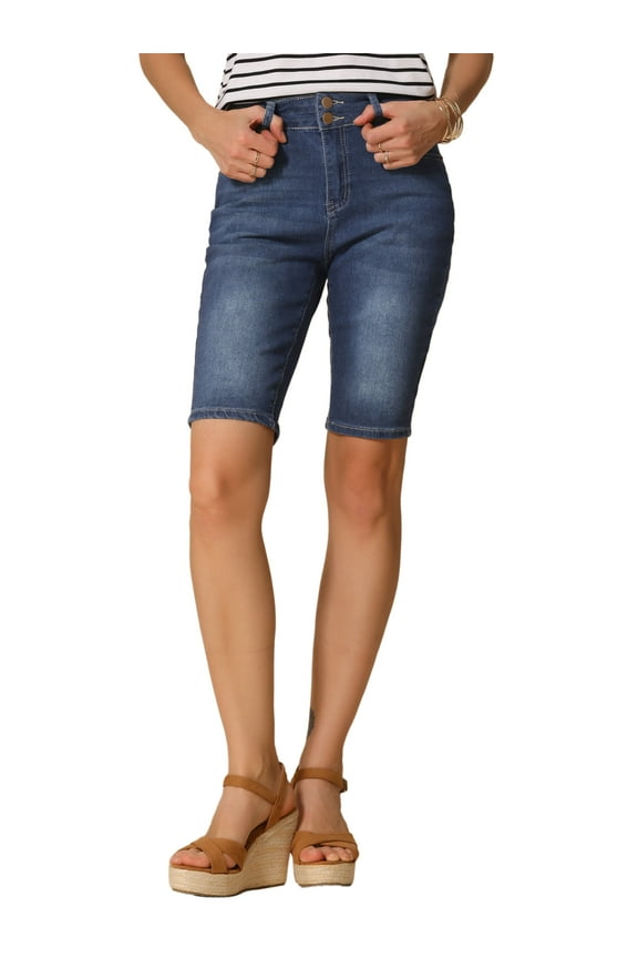 Allegra K Women's Roll Cuff Short Pockets Causal Jean XS Blue