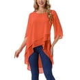 thumbnail image 1 of INSPIRE CHIC Women's Round Neck 3/4 Ruffle Split Sleeve High Low Asymmetrical Chiffon Tunic Blouse Orange S, 1 of 6