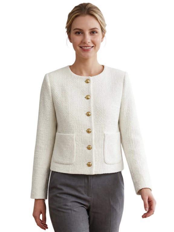 Women's Round Neck Botton Down Long Sleeve with Pocket Jacket L White
