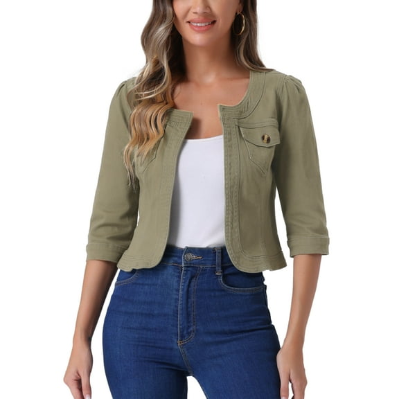 INSPIRE CHIC Women's Denim Jackets Collarless 3/4 Sleeves Crop Jean Cardigan Jackets L(14) Gray Army Green
