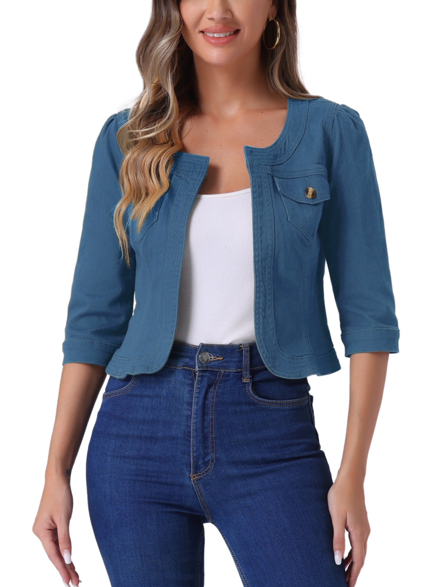 INSPIRE CHIC Women's Denim Jackets Collarless 3/4 Sleeves Crop Jean ...