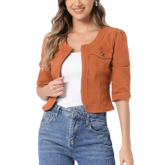 INSPIRE CHIC Women's Denim Jackets Collarless 3/4 Sleeves Crop Jean Cardigan Jackets S(6) Dark Orange