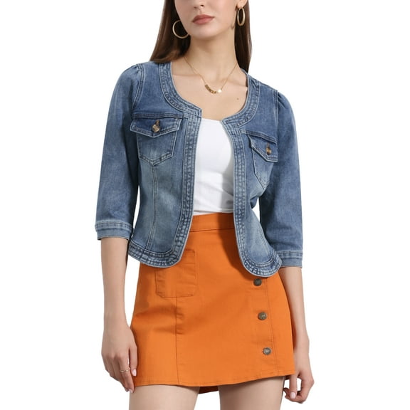 INSPIRE CHIC Women's Denim Jackets Collarless 3/4 Sleeves Crop Jean Cardigan Jackets XL Vintage Blue