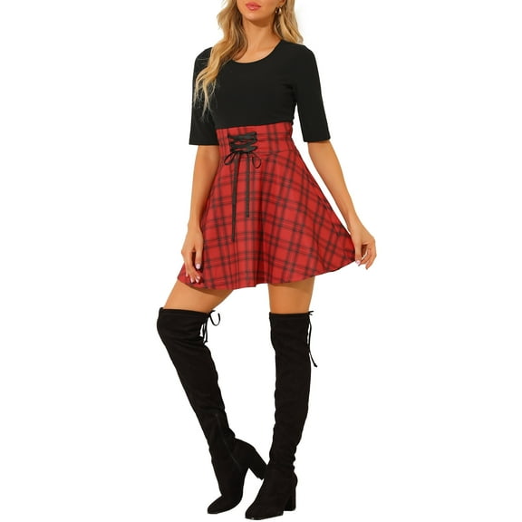 INSPIRE CHIC Women's Round Neck Lace Up High Waist Half Sleeve A-Line Plaid Dress S Black