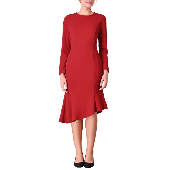 INSPIRE CHIC Women's Round Neck Long Sleeve Formal Fishtail Dress with Belted L Wine Red