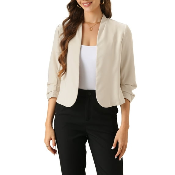 INSPIRE CHIC Women's Ruched 3/4 Sleeve Mock Collar Open Front Casual Business Blazer XL Apricot