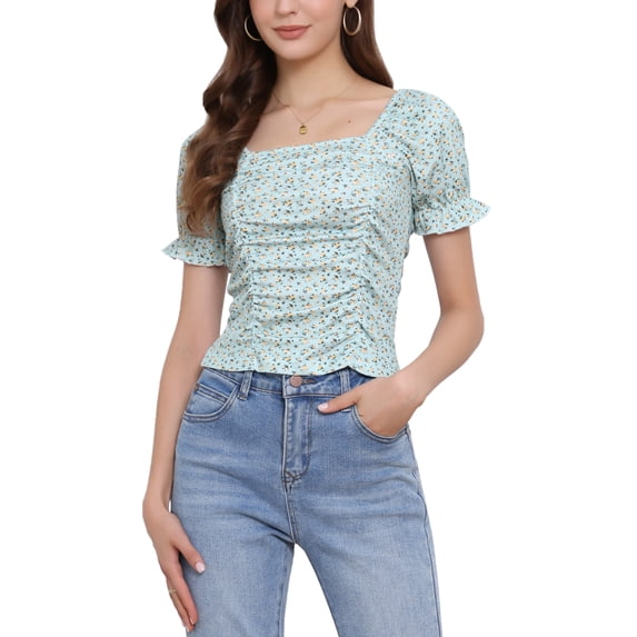 INSPIRE CHIC Women's Ruched Front Floral Print Short Sleeve Cropped Top Cyan M