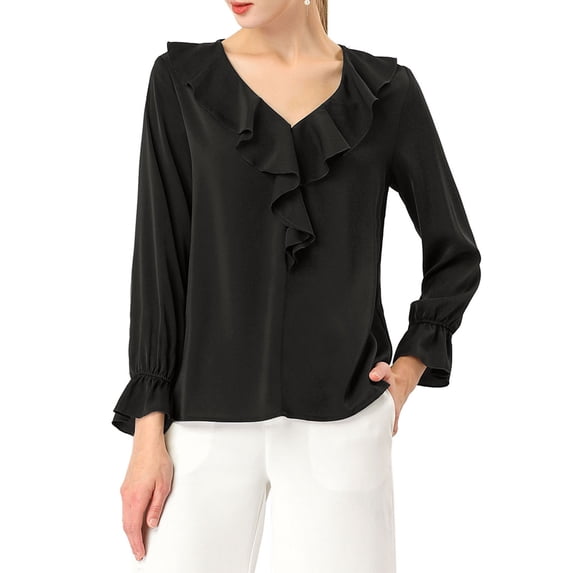 INSPIRE CHIC Women's Ruffle Blouse Wear-to-Work Elegant V Neck Long Sleeve Dressy Top Black L