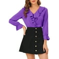 thumbnail image 1 of INSPIRE CHIC Women's Ruffle Blouse Wear-to-Work Elegant V Neck Long Sleeve Dressy Top Dark Purple XL, 1 of 8